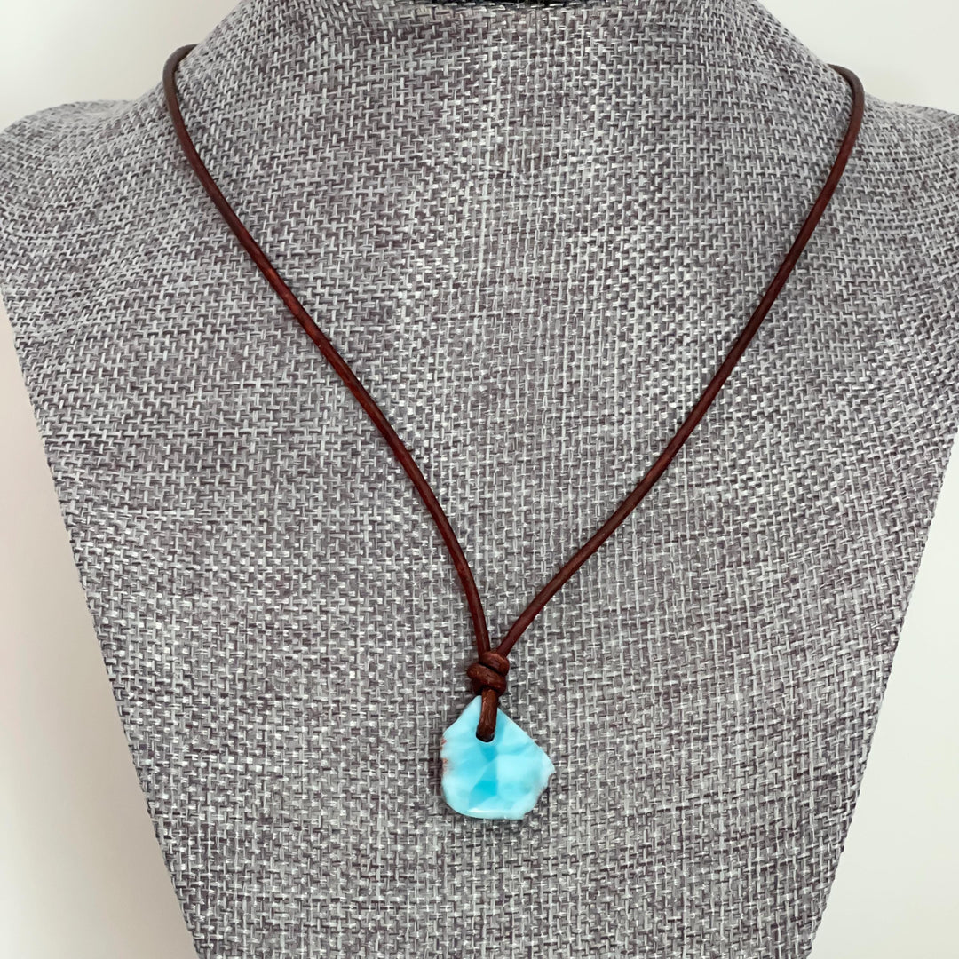Larimar Crystal Pendant Necklace | Sterling Silver, White Freshwater Pearls, and Natural Tan Leather Necklace - SunlightSilver