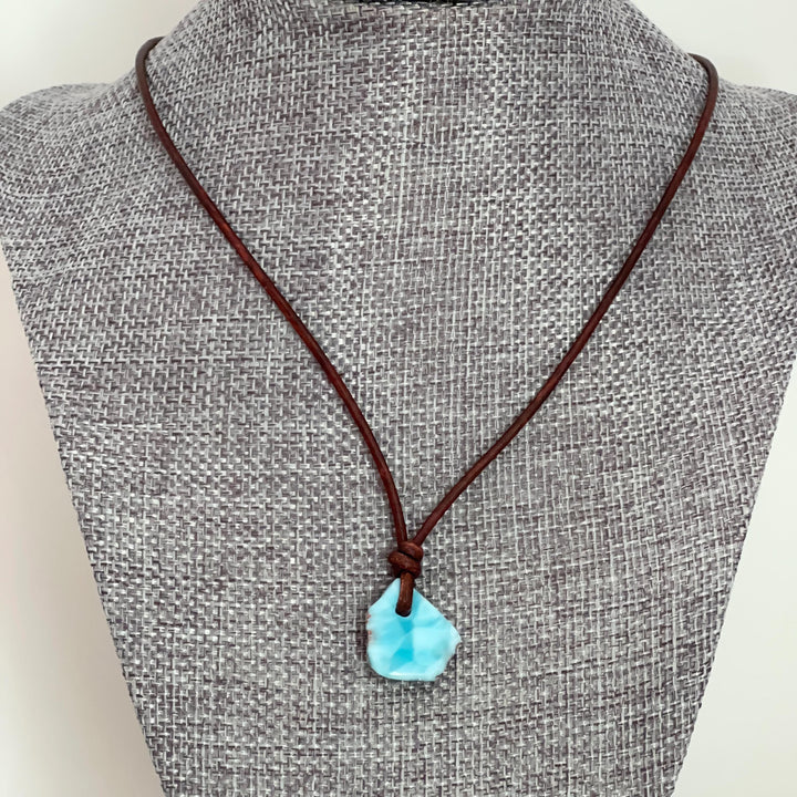 Larimar Crystal Pendant Necklace | Sterling Silver, White Freshwater Pearls, and Natural Tan Leather Necklace - SunlightSilver