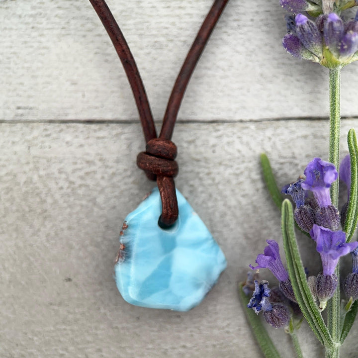Larimar Crystal Pendant Necklace | Sterling Silver, White Freshwater Pearls, and Natural Tan Leather Necklace - SunlightSilver