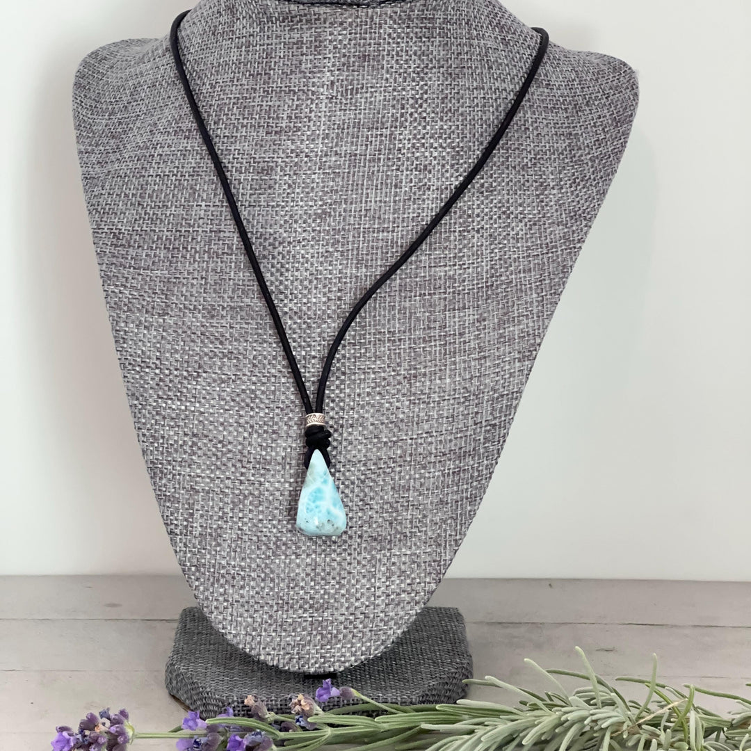 Larimar and Freshwater Pearl Necklace - Dominican Larimar Vegan Cord Necklace - Ocean Inspired Gift - SunlightSilver