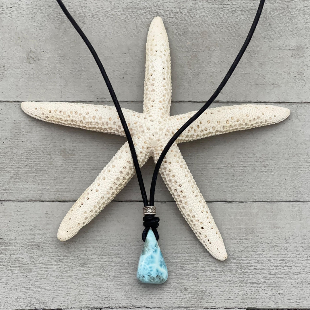 Larimar and Freshwater Pearl Necklace - Dominican Larimar Vegan Cord Necklace - Ocean Inspired Gift - SunlightSilver
