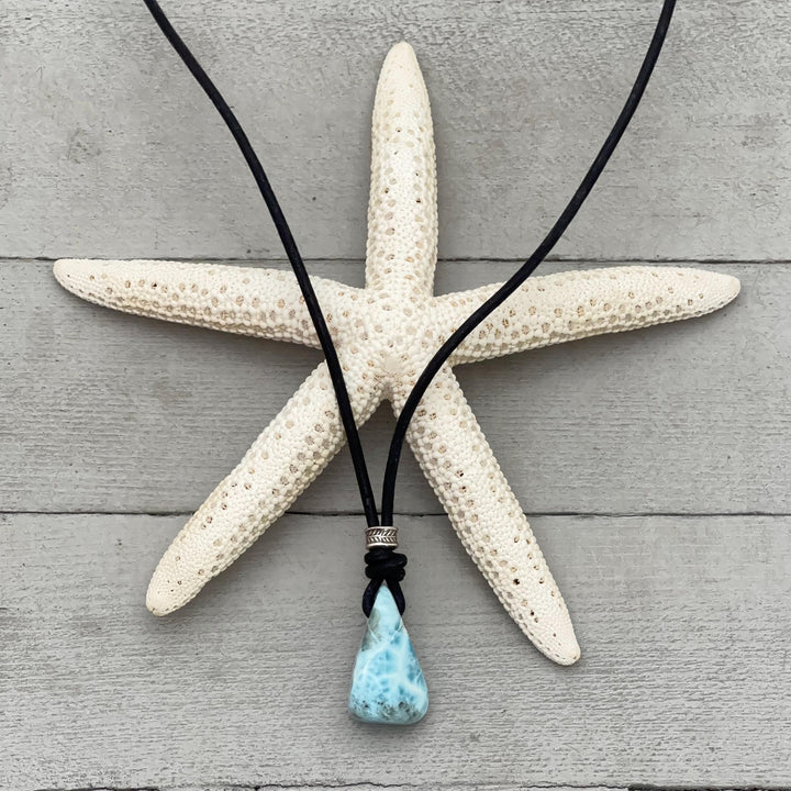 Larimar and Freshwater Pearl Necklace - Dominican Larimar Vegan Cord Necklace - Ocean Inspired Gift - SunlightSilver