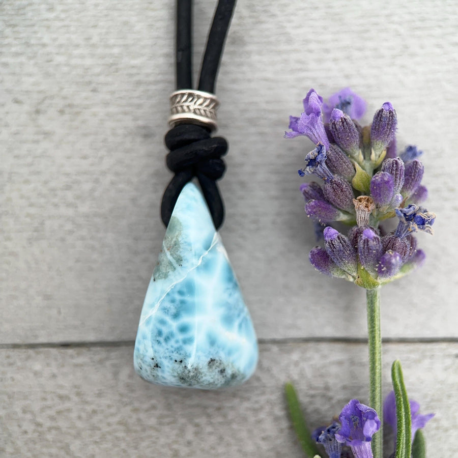 Larimar and Freshwater Pearl Necklace - Dominican Larimar Vegan Cord Necklace - Ocean Inspired Gift - SunlightSilver
