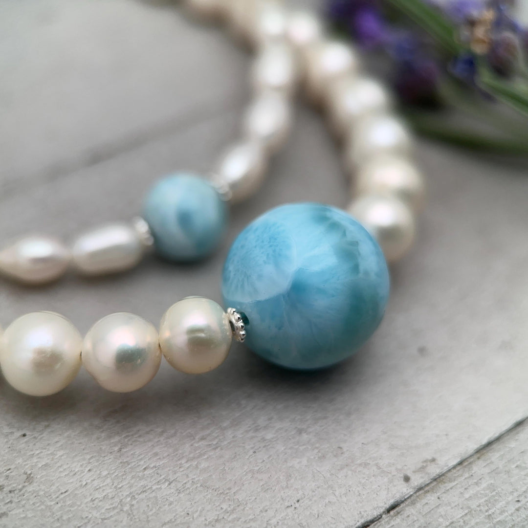 Large 16mm Larimar, Freshwater Pearl and Sterling Silver Necklace - SunlightSilver