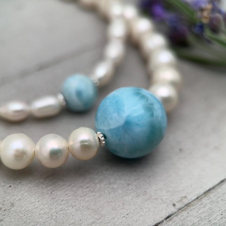 Large 16mm Larimar, Freshwater Pearl and Sterling Silver Necklace - SunlightSilver