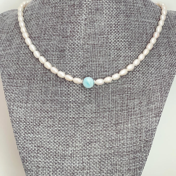Large 16mm Larimar, Freshwater Pearl and Sterling Silver Necklace - SunlightSilver