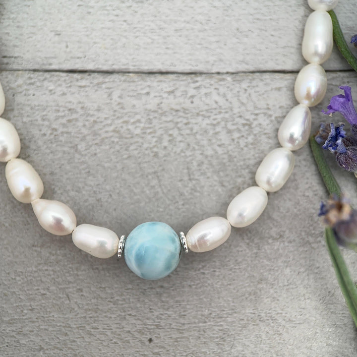 Large 16mm Larimar, Freshwater Pearl and Sterling Silver Necklace - SunlightSilver