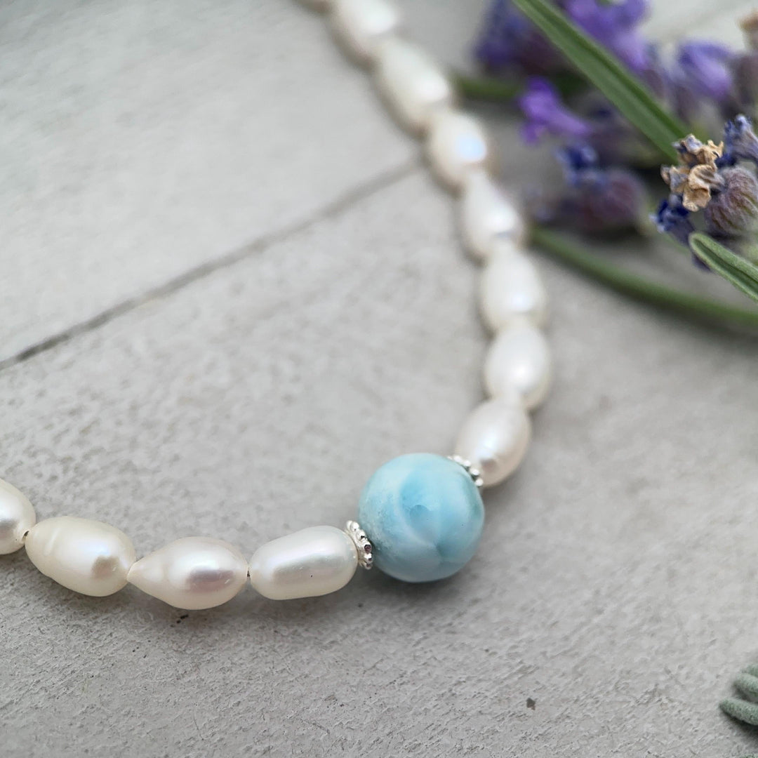 Large 16mm Larimar, Freshwater Pearl and Sterling Silver Necklace - SunlightSilver