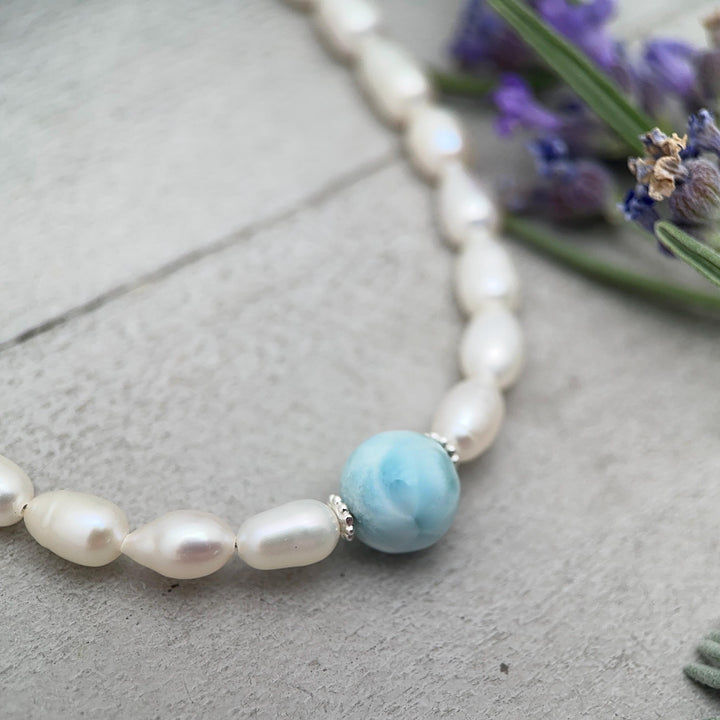 Large 16mm Larimar, Freshwater Pearl and Sterling Silver Necklace - SunlightSilver
