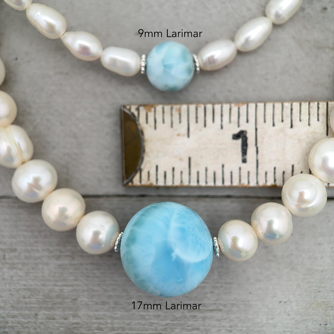 Large 16mm Larimar, Freshwater Pearl and Sterling Silver Necklace - SunlightSilver
