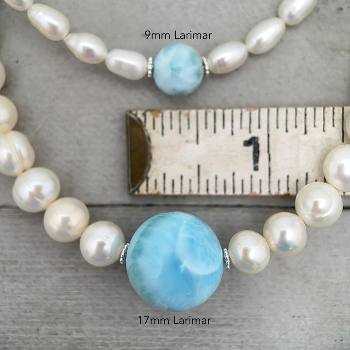 Large 16mm Larimar, Freshwater Pearl and Sterling Silver Necklace - SunlightSilver