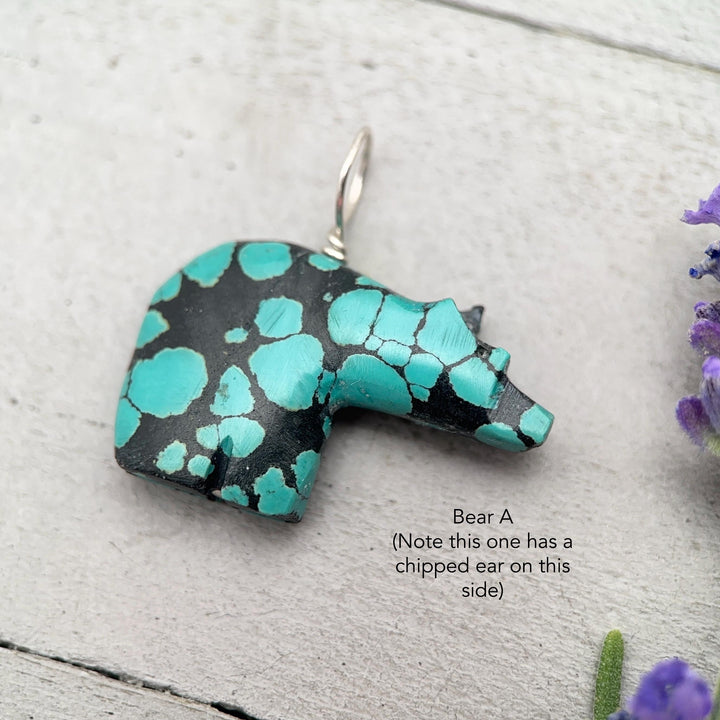 Turquoise Bear Pendant - Vintage Old Stock Zuni Carved – Solid 925 Sterling Silver - SunlightSilver