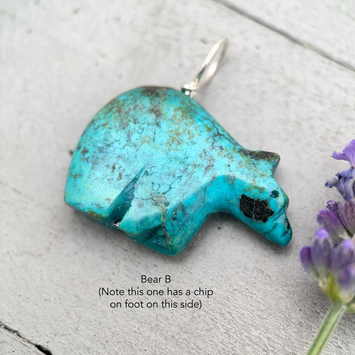 Turquoise Bear Pendant - Vintage Old Stock Zuni Carved – Solid 925 Sterling Silver - SunlightSilver