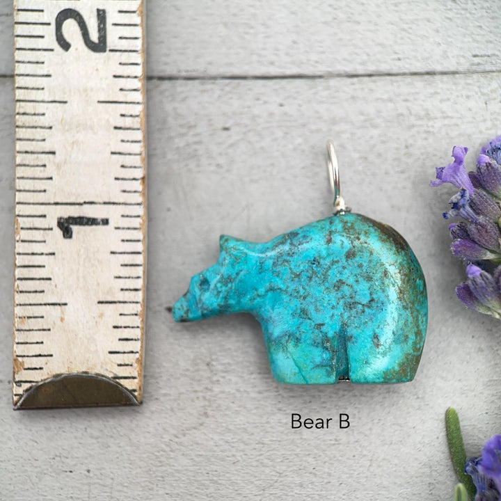 Turquoise Bear Pendant - Vintage Old Stock Zuni Carved – Solid 925 Sterling Silver - SunlightSilver