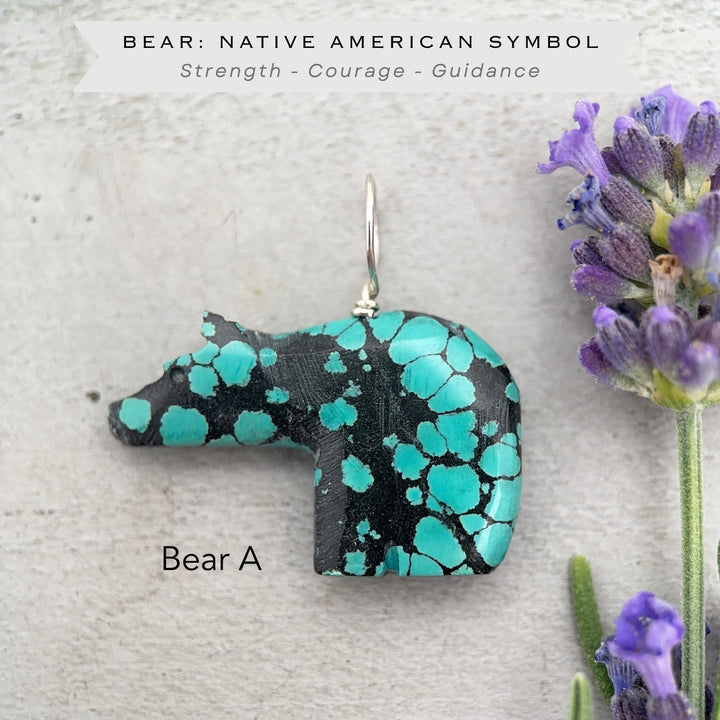 Turquoise Bear Pendant - Vintage Old Stock Zuni Carved – Solid 925 Sterling Silver - SunlightSilver
