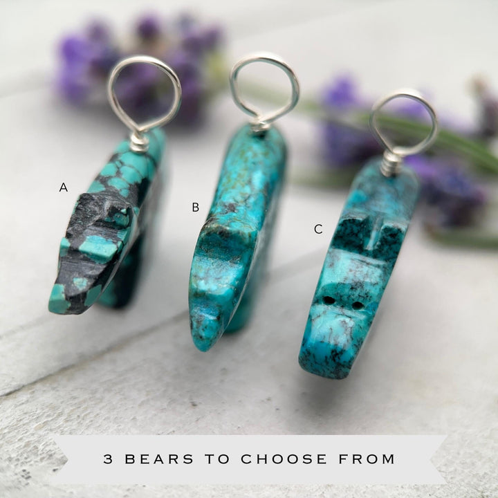 Turquoise Bear Pendant - Vintage Old Stock Zuni Carved – Solid 925 Sterling Silver - SunlightSilver