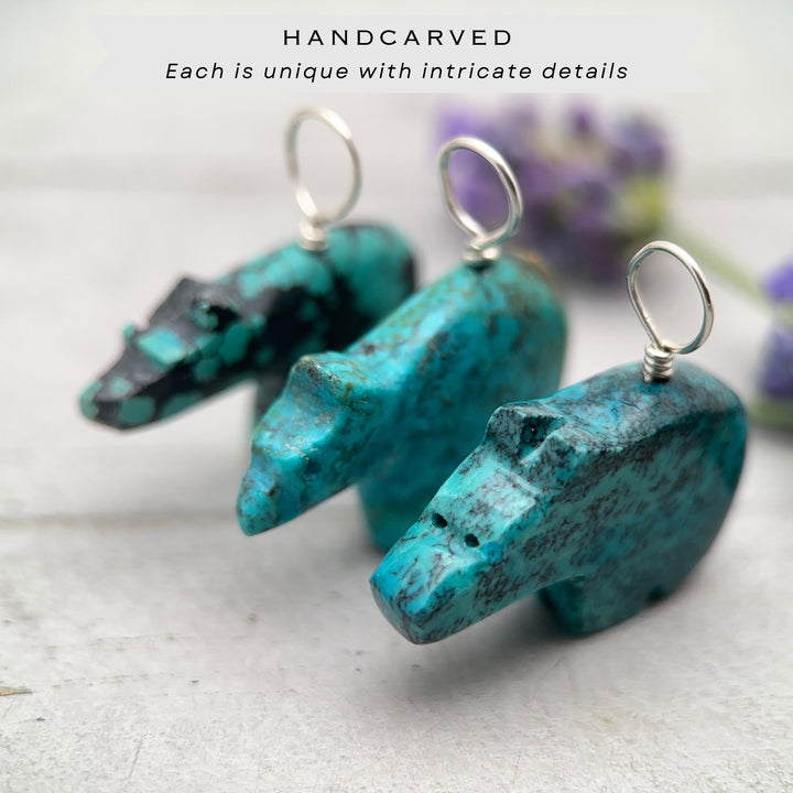 Turquoise Bear Pendant - Vintage Old Stock Zuni Carved – Solid 925 Sterling Silver - SunlightSilver