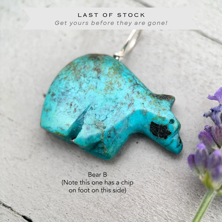 Turquoise Bear Pendant - Vintage Old Stock Zuni Carved – Solid 925 Sterling Silver - SunlightSilver