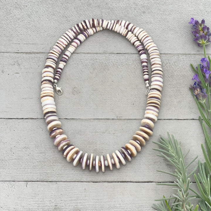 Purple Wampum Quahog Shell Flower, Beads, and Navajo Pearls Necklace - SunlightSilver