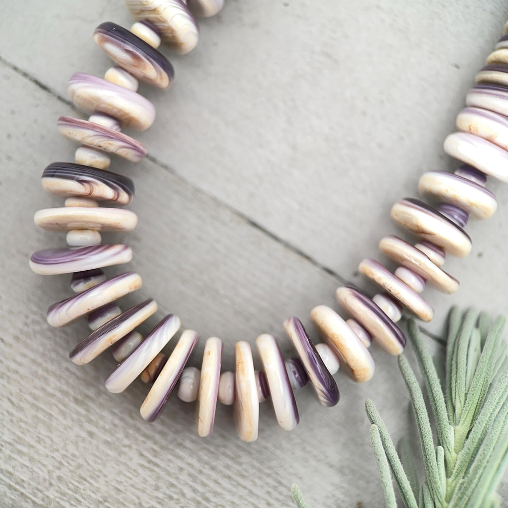 Purple Wampum Quahog Shell Flower, Beads, and Navajo Pearls Necklace - SunlightSilver