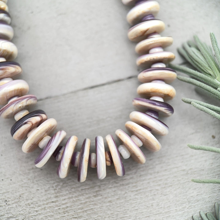 Purple Wampum Quahog Shell Flower, Beads, and Navajo Pearls Necklace - SunlightSilver
