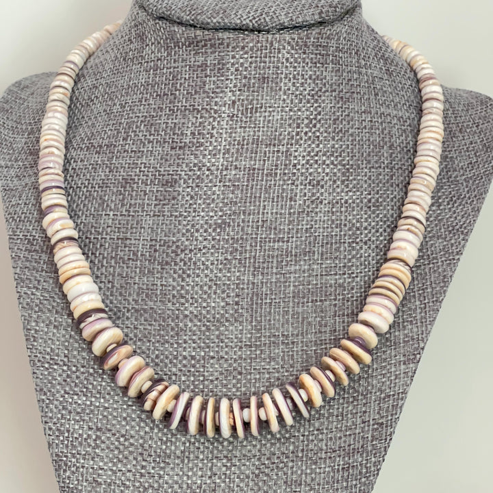Purple Wampum Quahog Shell Flower, Beads, and Navajo Pearls Necklace - SunlightSilver