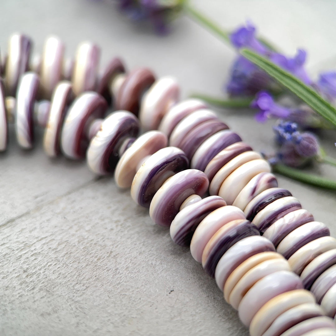 Purple Wampum Quahog Shell Flower, Beads, and Navajo Pearls Necklace - SunlightSilver