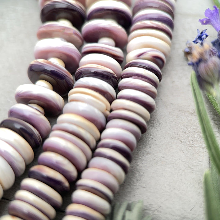 Purple Wampum Quahog Shell Flower, Beads, and Navajo Pearls Necklace - SunlightSilver