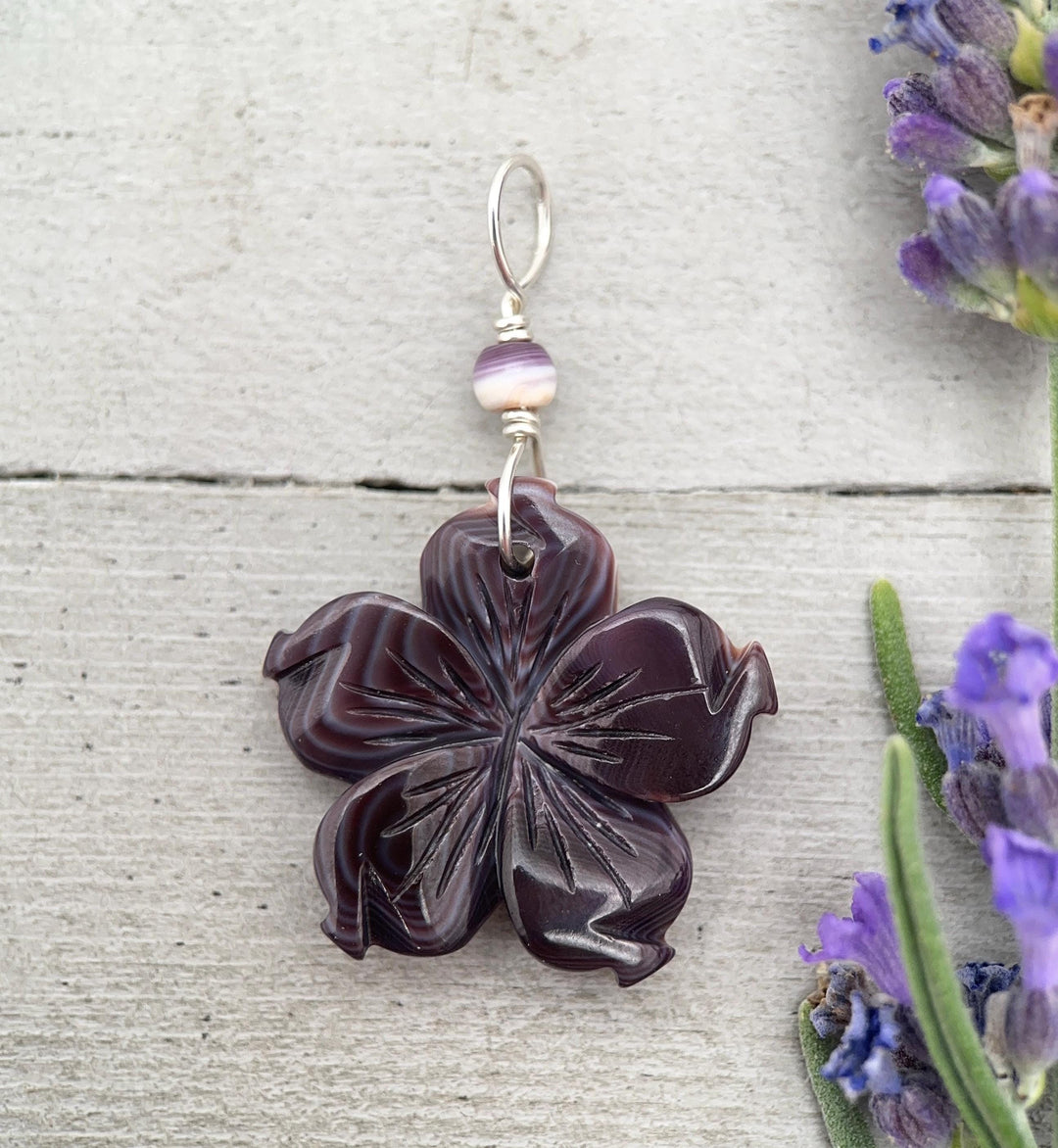 Purple Wampum Flower Pendant, Carved Quahog Shell Jewelry, Sterling Silver Bail, 1 Inch Statement Pendant - SunlightSilver