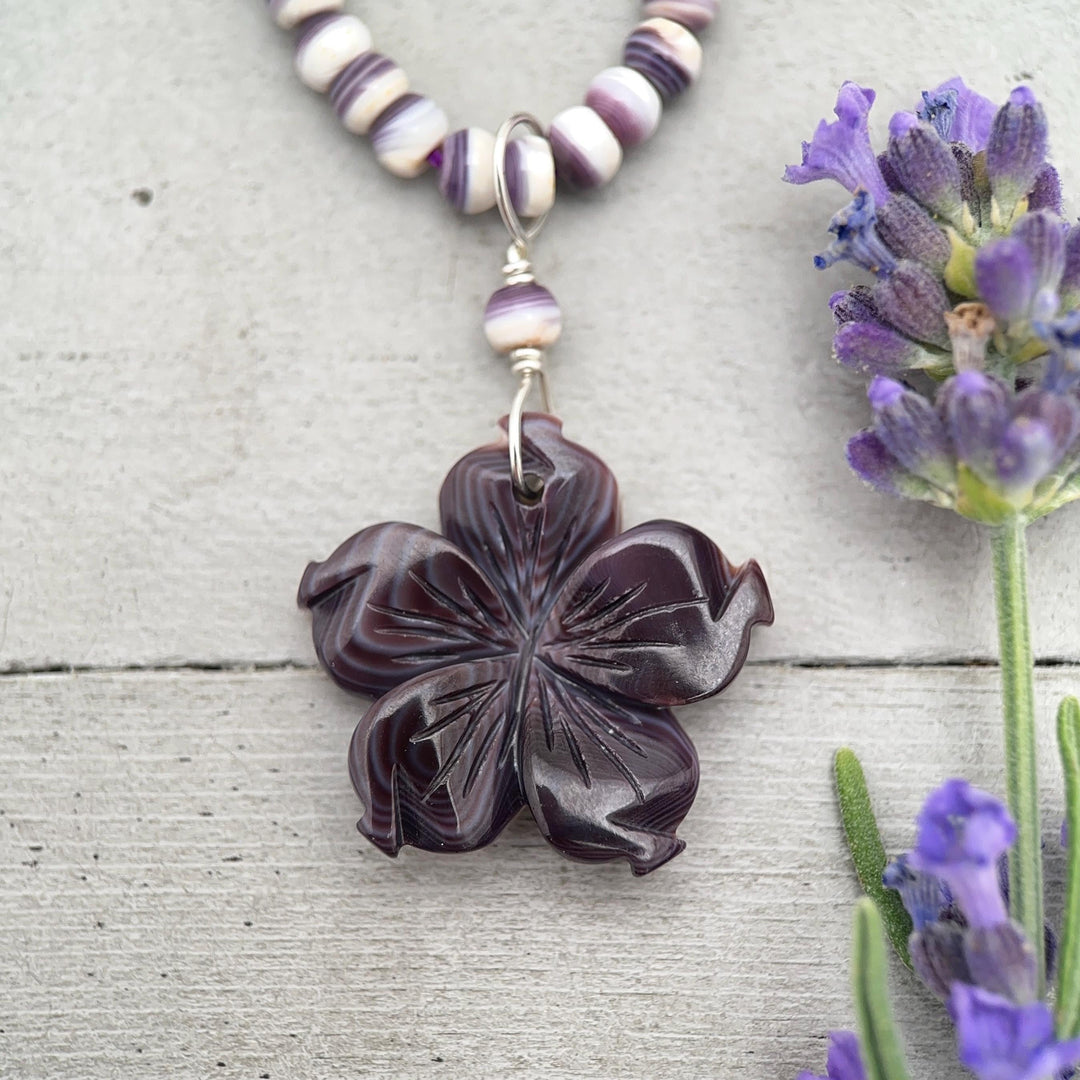 Purple Wampum Flower Pendant, Carved Quahog Shell Jewelry, Sterling Silver Bail, 1 Inch Statement Pendant - SunlightSilver