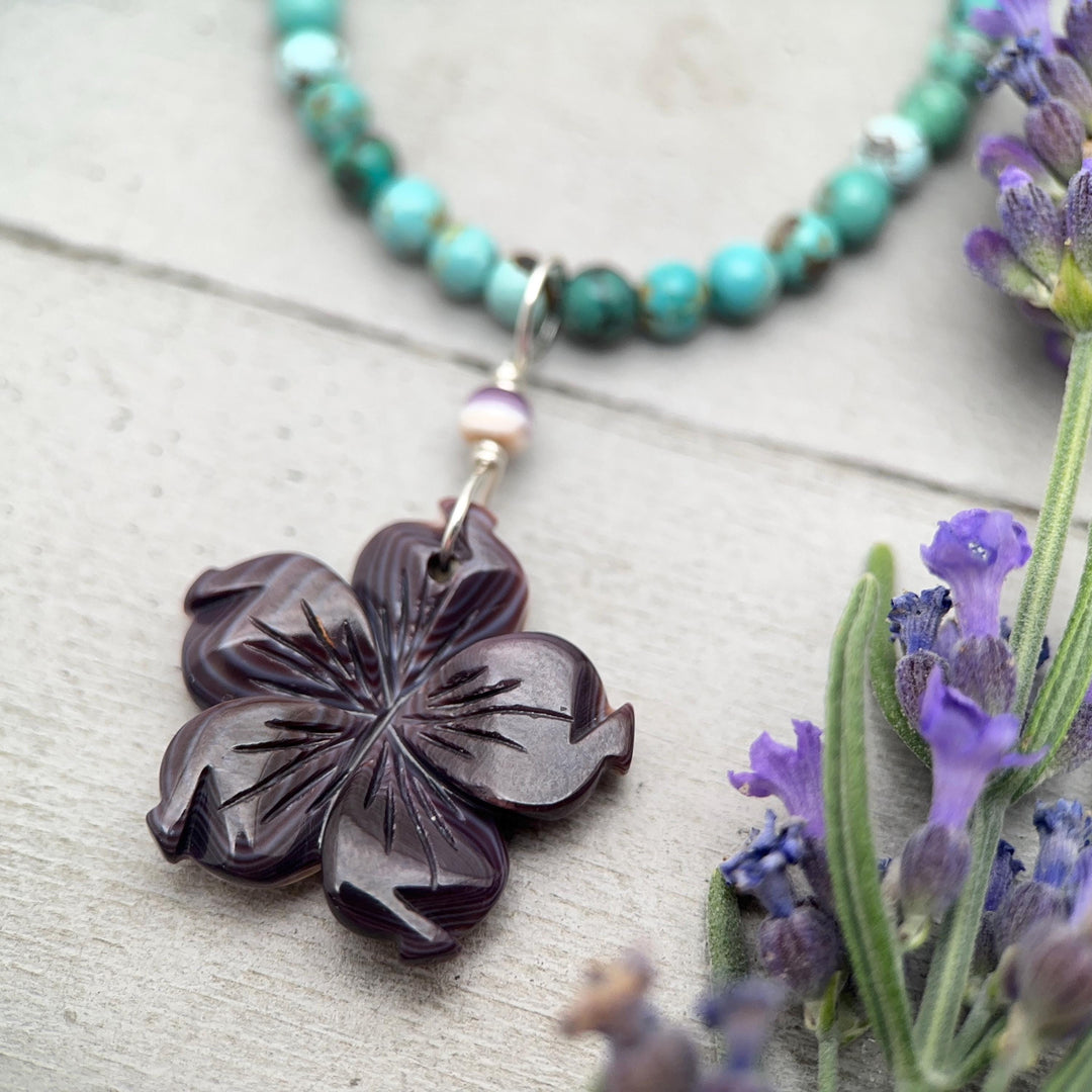 Purple Wampum Flower Pendant, Carved Quahog Shell Jewelry, Sterling Silver Bail, 1 Inch Statement Pendant - SunlightSilver