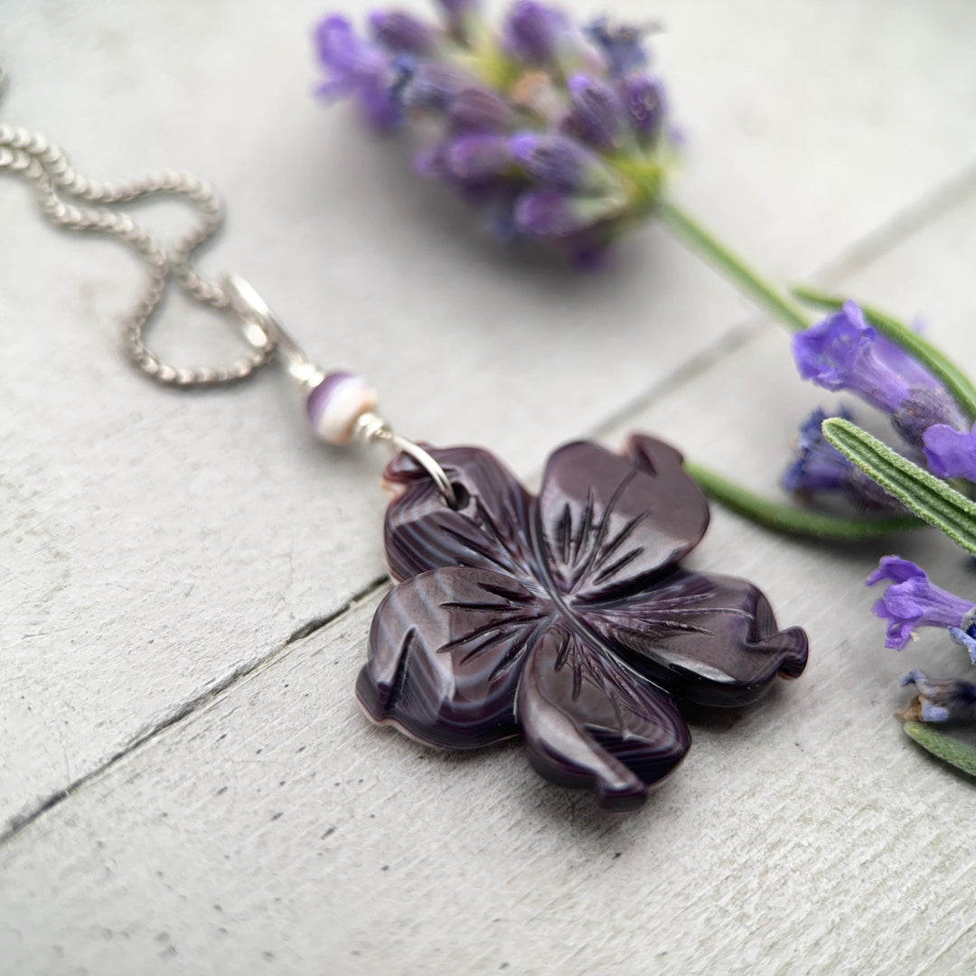 Purple Wampum Flower Pendant, Carved Quahog Shell Jewelry, Sterling Silver Bail, 1 Inch Statement Pendant - SunlightSilver
