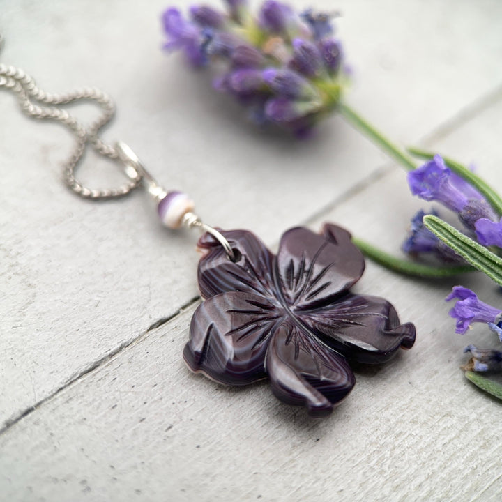 Purple Wampum Flower Pendant, Carved Quahog Shell Jewelry, Sterling Silver Bail, 1 Inch Statement Pendant - SunlightSilver