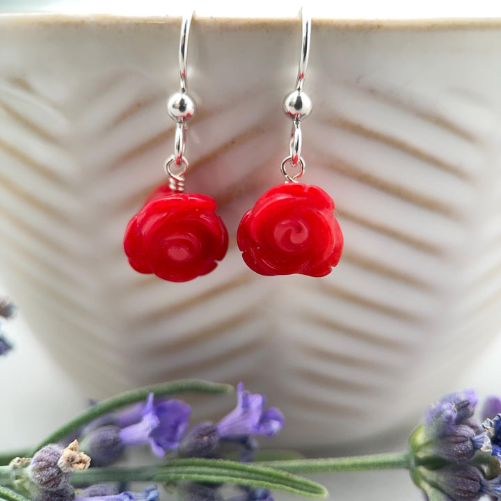Orange Spiny Oyster Carved Flower and Solid 925 Sterling Silver Earrings - SunlightSilver