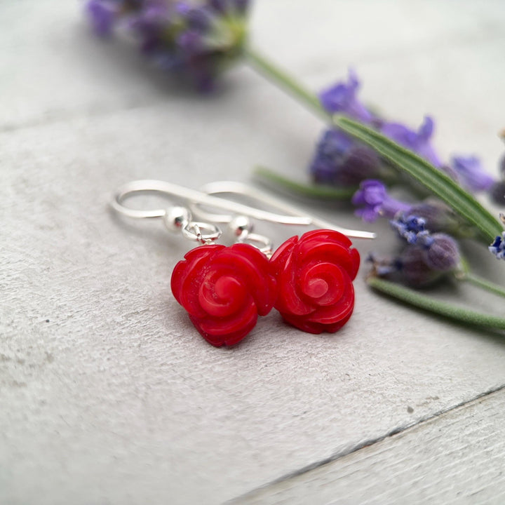 Orange Spiny Oyster Carved Flower and Solid 925 Sterling Silver Earrings - SunlightSilver