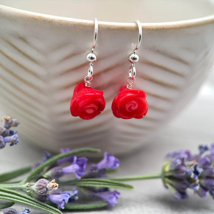 Orange Spiny Oyster Carved Flower and Solid 925 Sterling Silver Earrings - SunlightSilver
