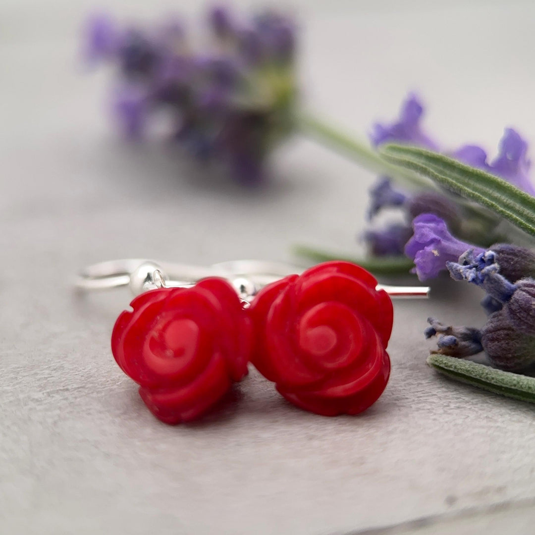 Orange Spiny Oyster Carved Flower and Solid 925 Sterling Silver Earrings - SunlightSilver