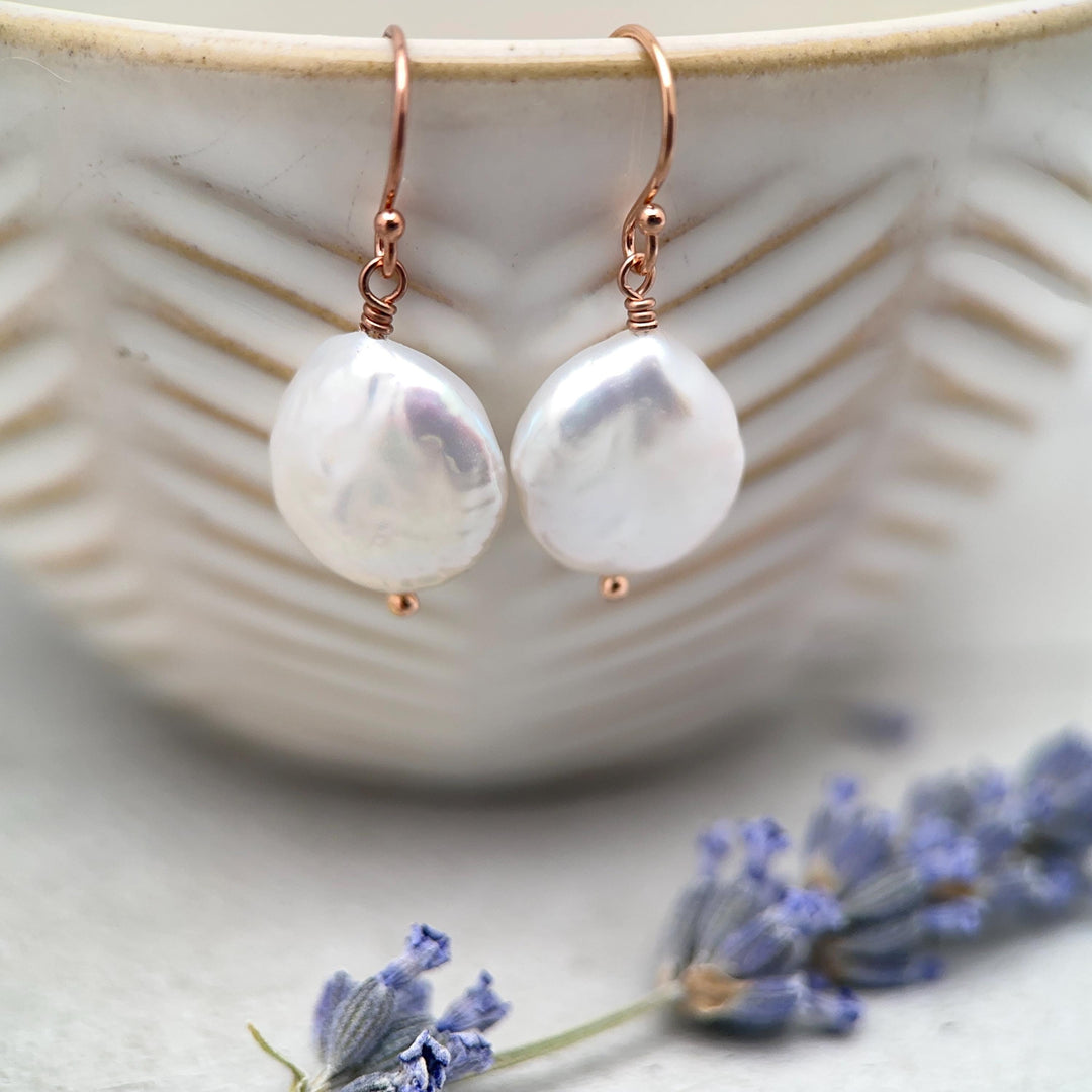 White Coin Pearl Earrings - 14k Rose Gold Fill Jewelry - Wedding Pearls - June Birthstone Gift - SunlightSilver