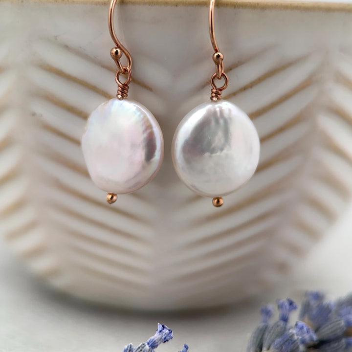 White Coin Pearl Earrings - 14k Rose Gold Fill Jewelry - Wedding Pearls - June Birthstone Gift - SunlightSilver
