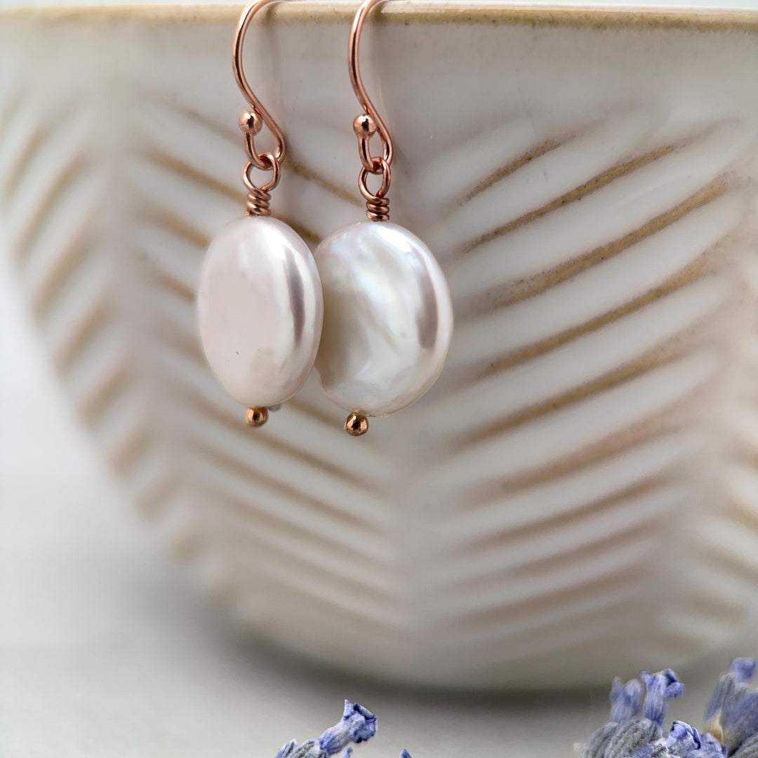 White Coin Pearl Earrings - 14k Rose Gold Fill Jewelry - Wedding Pearls - June Birthstone Gift - SunlightSilver