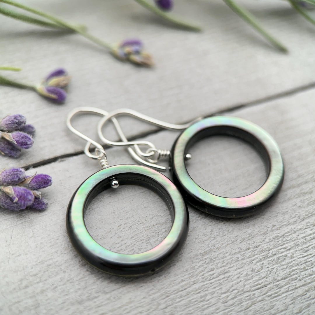 Black Mother of Pearl Teardrop Earrings – Elegant Sterling Silver Shell Drop Jewelry - Black Lip Oyster Shell Hoop Earrings - SunlightSilver