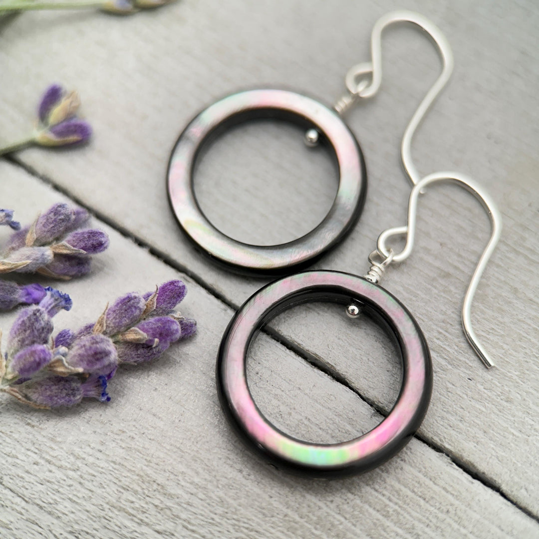 Black Mother of Pearl Teardrop Earrings – Elegant Sterling Silver Shell Drop Jewelry - Black Lip Oyster Shell Hoop Earrings - SunlightSilver
