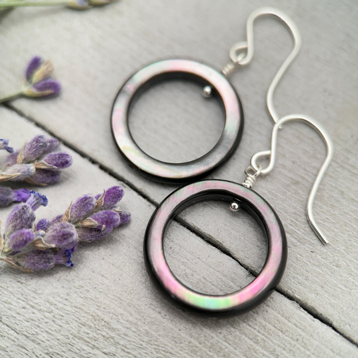 Black Mother of Pearl Teardrop Earrings – Elegant Sterling Silver Shell Drop Jewelry - Black Lip Oyster Shell Hoop Earrings - SunlightSilver