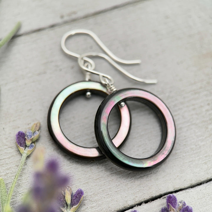 Black Mother of Pearl Teardrop Earrings – Elegant Sterling Silver Shell Drop Jewelry - Black Lip Oyster Shell Hoop Earrings - SunlightSilver