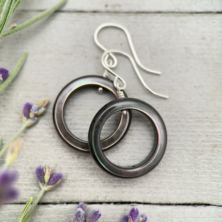 Black Mother of Pearl Teardrop Earrings – Elegant Sterling Silver Shell Drop Jewelry - Black Lip Oyster Shell Hoop Earrings - SunlightSilver