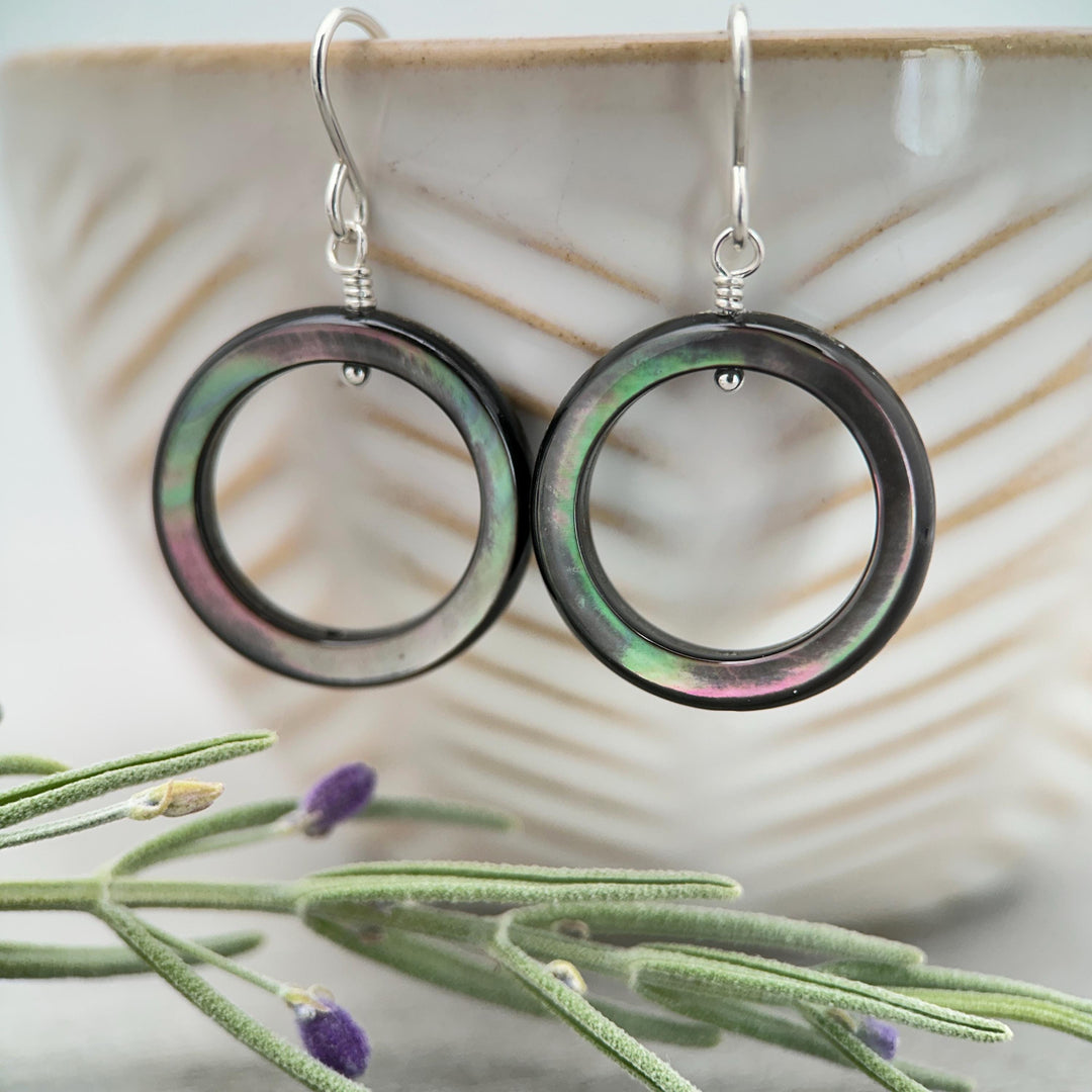 Black Mother of Pearl Teardrop Earrings – Elegant Sterling Silver Shell Drop Jewelry - Black Lip Oyster Shell Hoop Earrings - SunlightSilver