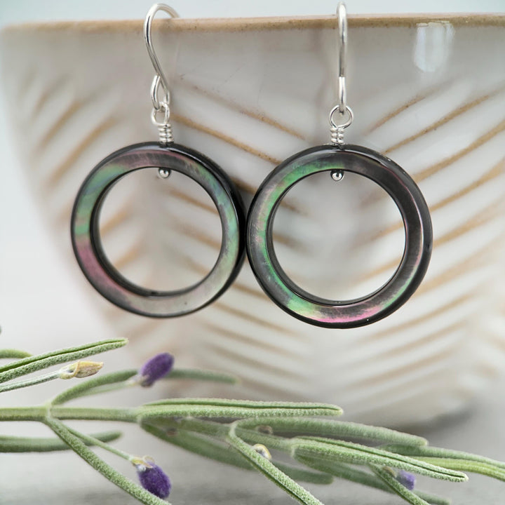 Black Mother of Pearl Teardrop Earrings – Elegant Sterling Silver Shell Drop Jewelry - Black Lip Oyster Shell Hoop Earrings - SunlightSilver