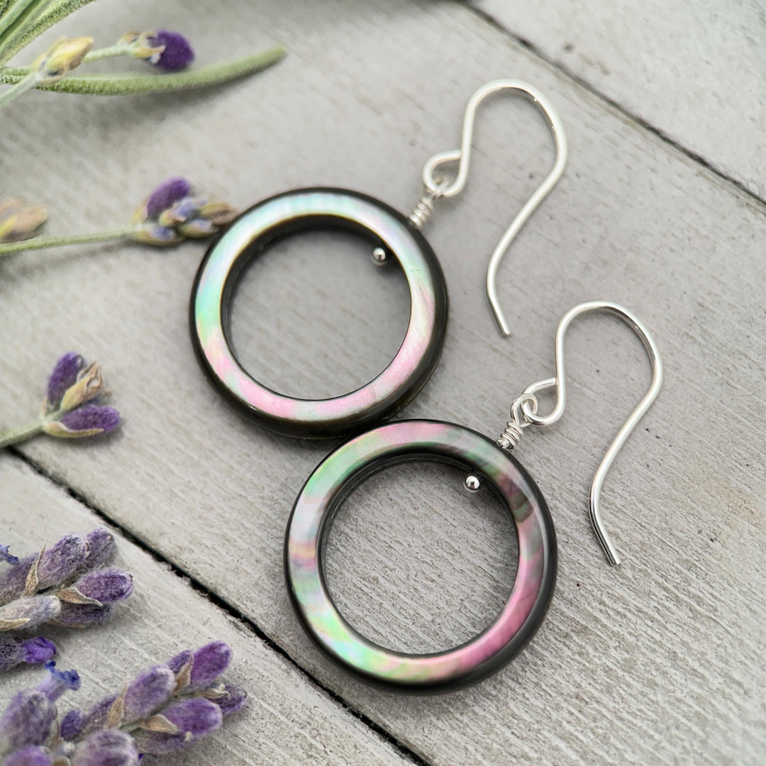 Black Mother of Pearl Teardrop Earrings – Elegant Sterling Silver Shell Drop Jewelry - Black Lip Oyster Shell Hoop Earrings - SunlightSilver