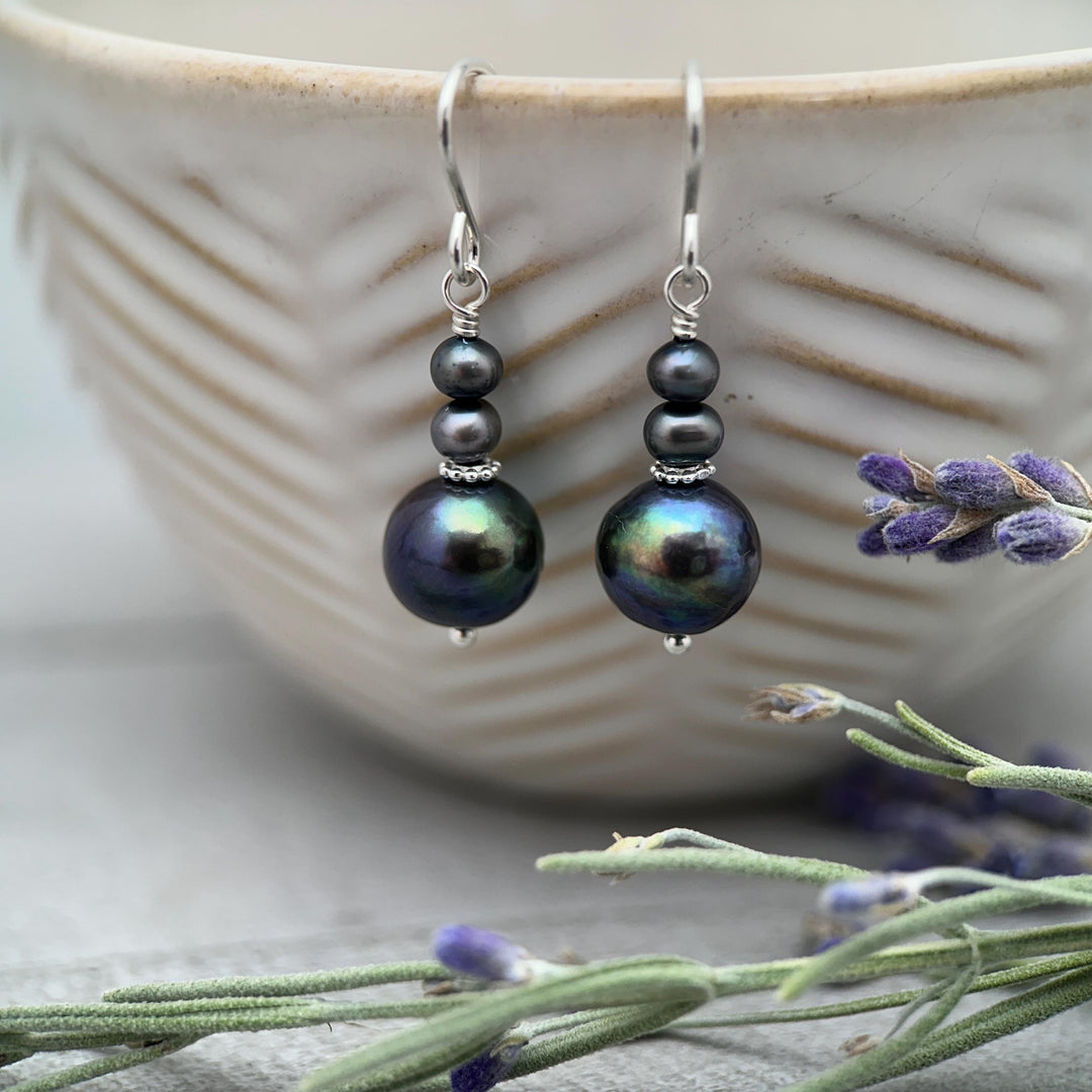 Peacock Baroque Coin Pearl Earrings – Iridescent Freshwater Pearls with Sterling Silver – Handmade in the USA - SunlightSilver