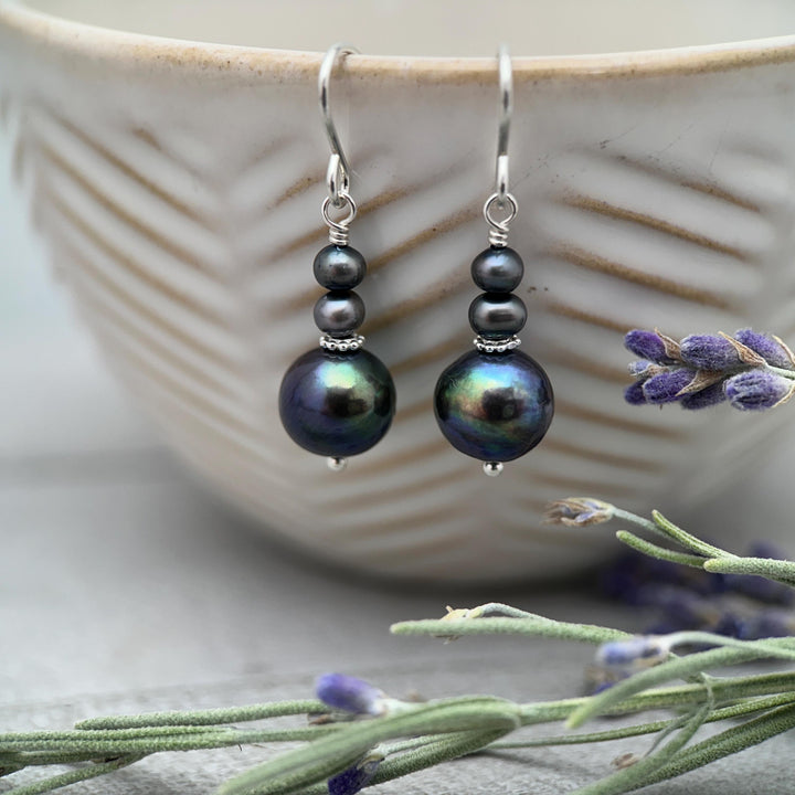 Peacock Baroque Coin Pearl Earrings – Iridescent Freshwater Pearls with Sterling Silver – Handmade in the USA - SunlightSilver